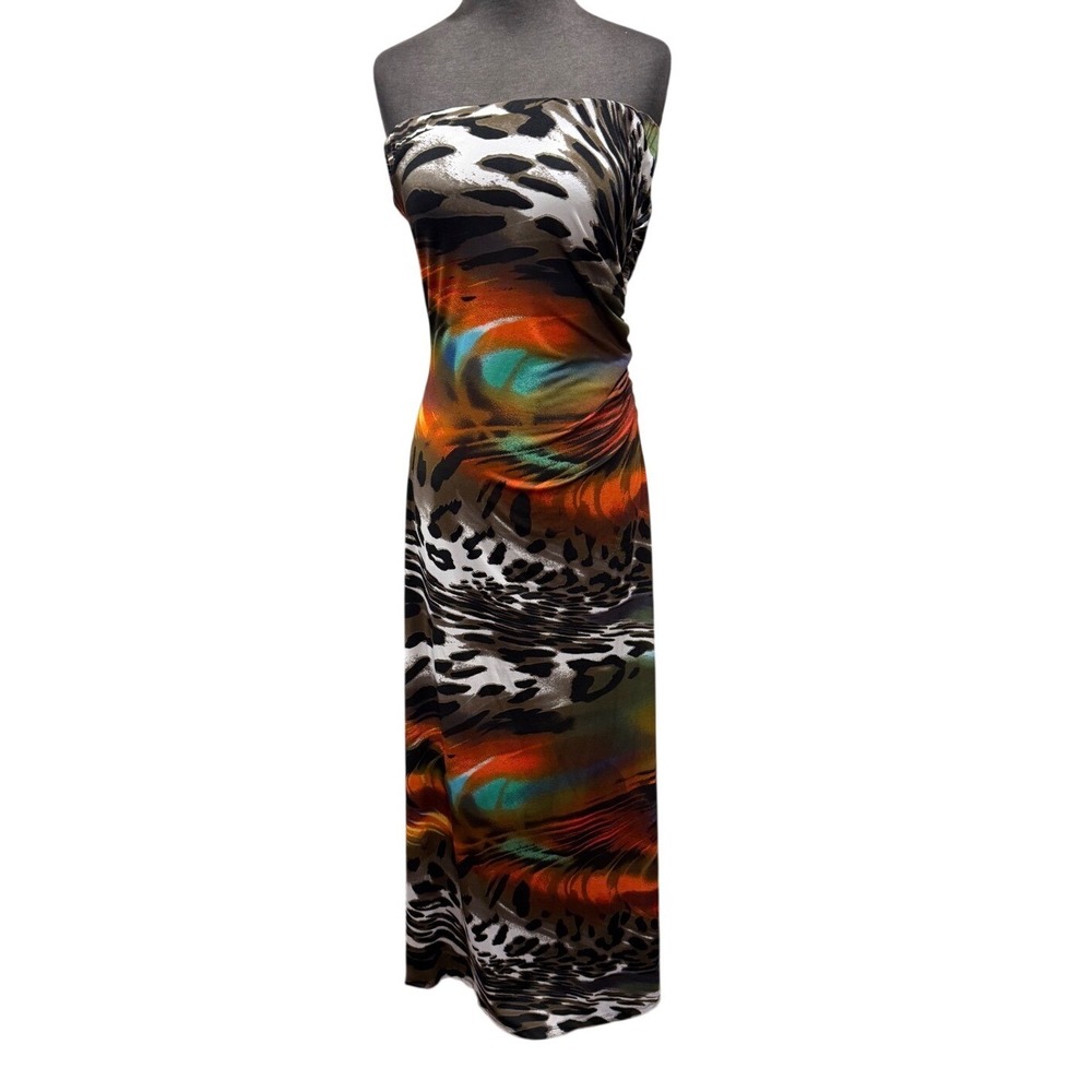 Venus Animal Print Strapless Maxi Dress Multi Color Abstract Ruched Tube Large‎